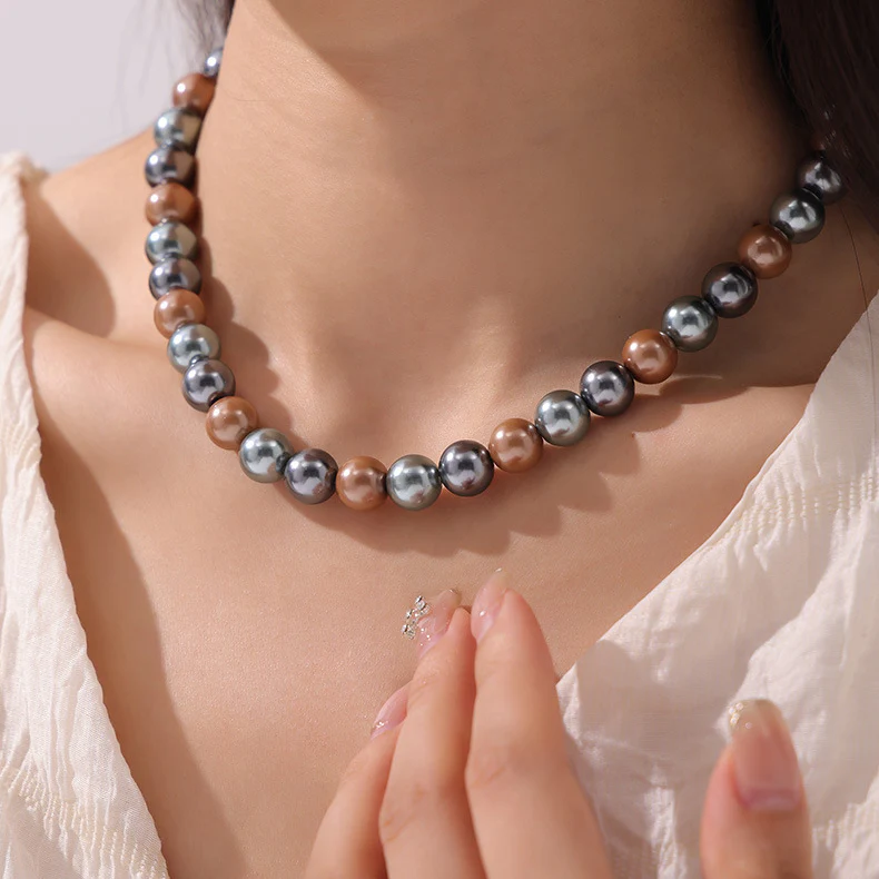 8mm 10mm 12mm White Grey Brown Pearl Bead Necklace