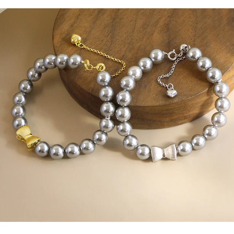 Pullable Bow Swarovski Grey Pearl Bracelet