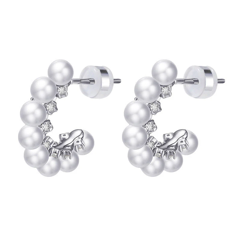 Pearl Half Hoop Earrings With Diamond