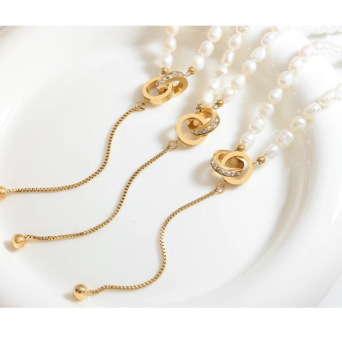 Two Rings Buckle Drop Pendant Freshwater Pearl Y Necklace