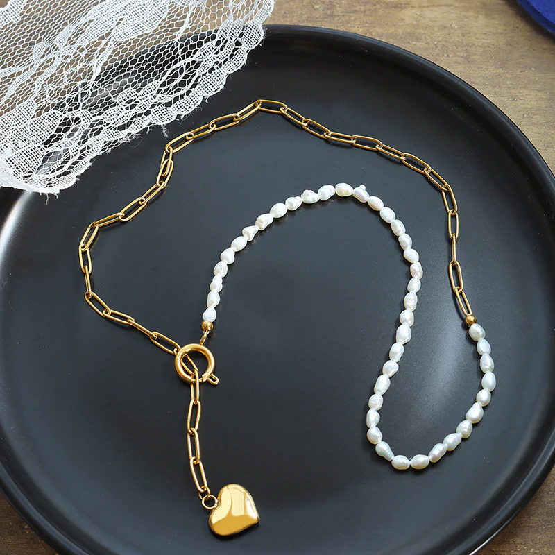 Adjustable Half Pearl Half Chain Heart Necklace