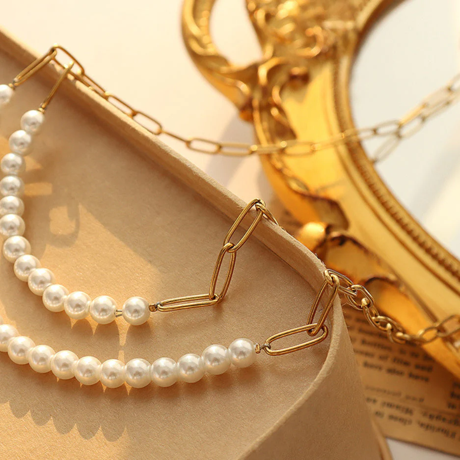 Influencer Paperclip And Pearl Necklace Bracelet Set