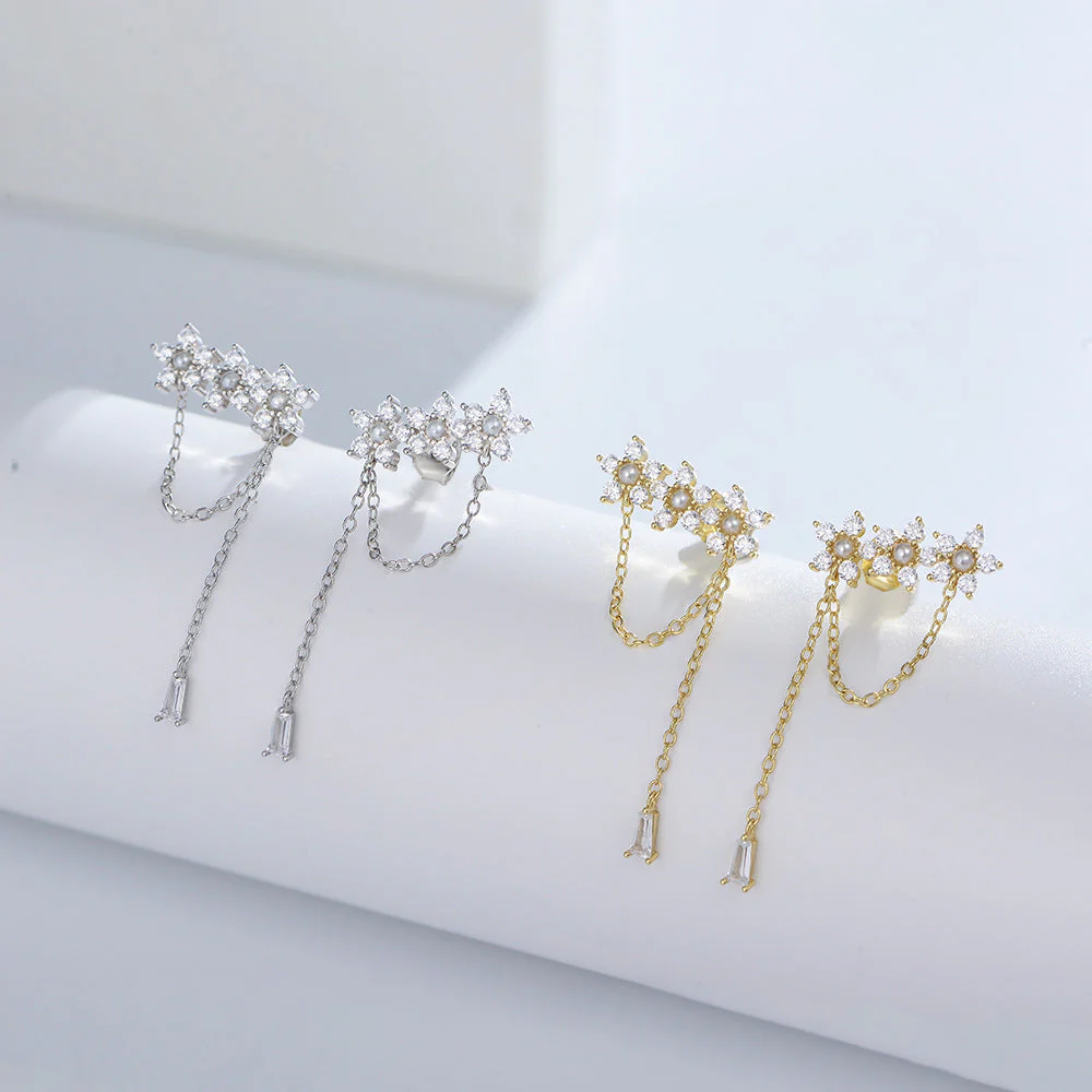 Pearl Earrings Flower Zircon Tassel