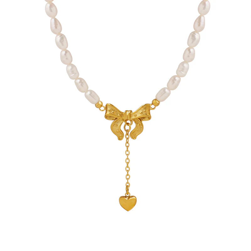 Heart Drop Gold Bow Pendant Necklace