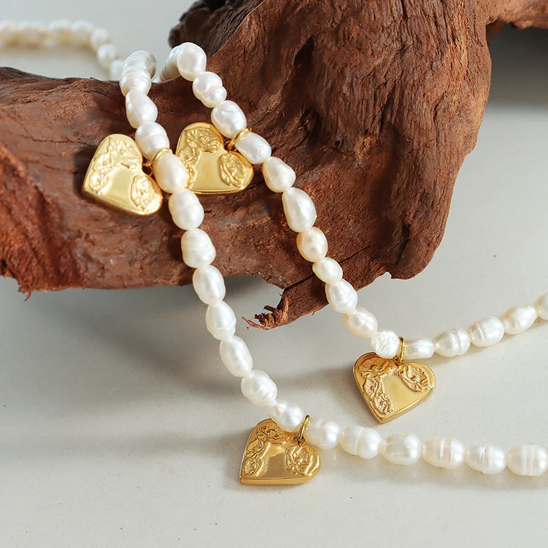 Three Love Heart Charms Freshwater Pearl Necklace