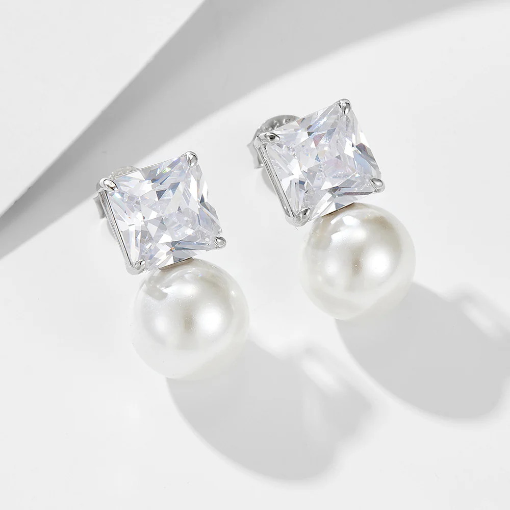 Cube Diamond 10mm Pearl Earrings