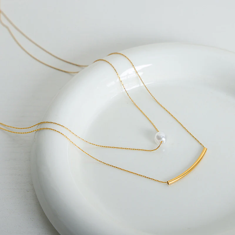 Double Layered Gold Chain With Pearl Pendant Necklace