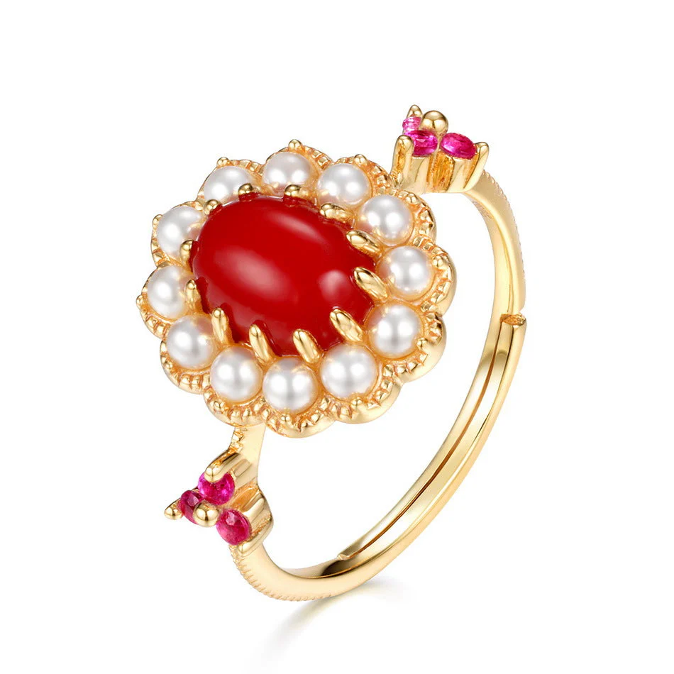 Red Coral Pearl Ring