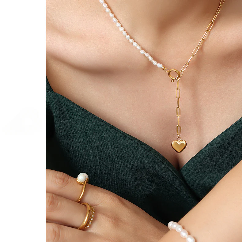 Adjustable Half Pearl Half Chain Heart Necklace