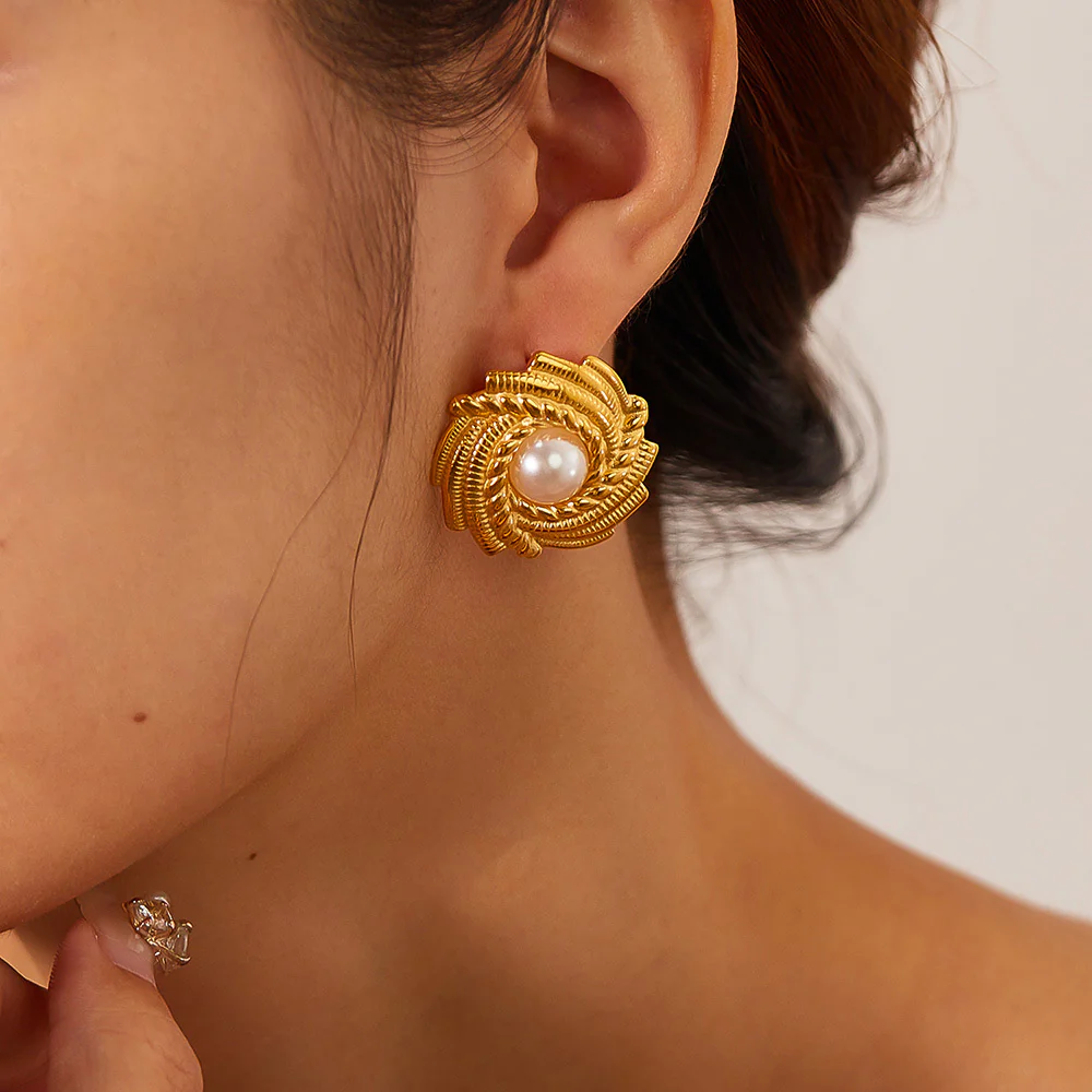 Vintage Large Textured Pearl Stud Earrings