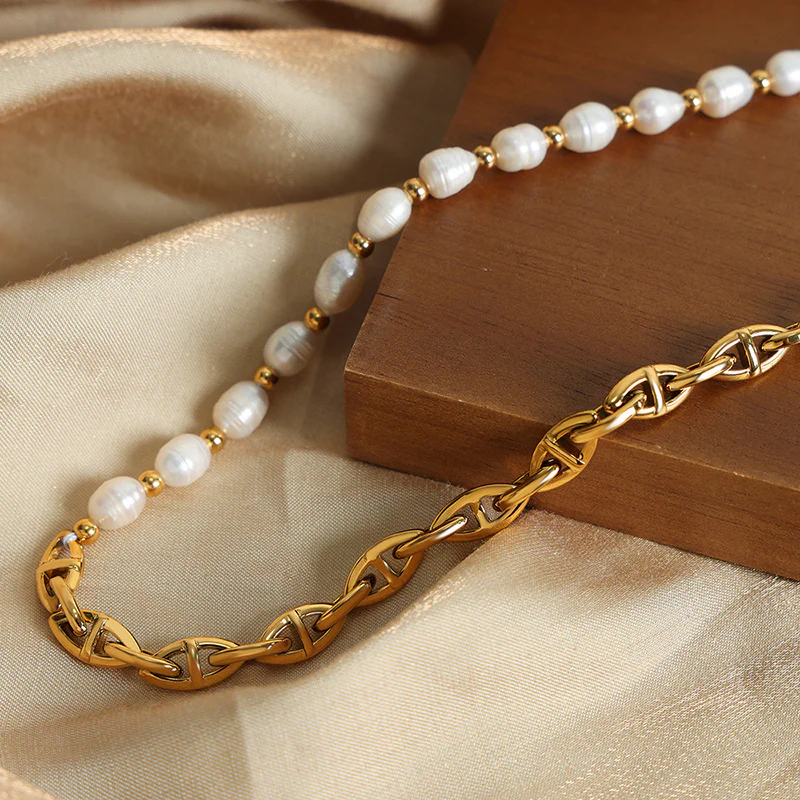 Freshwater Pearl Splicing Gold Thick Geometric Chain Necklace