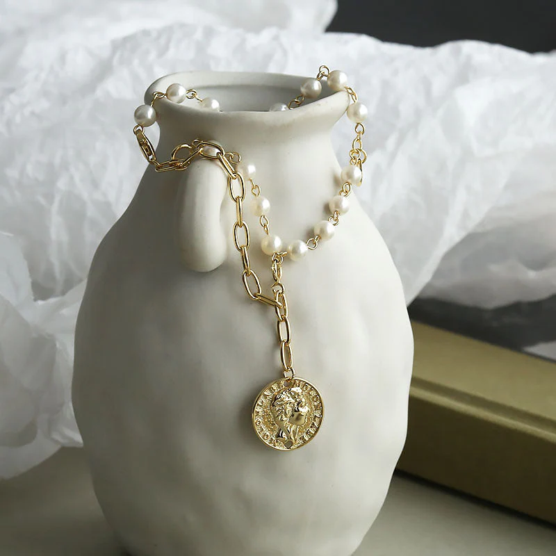 Vintage Portrait Coin Pearl Bracelet