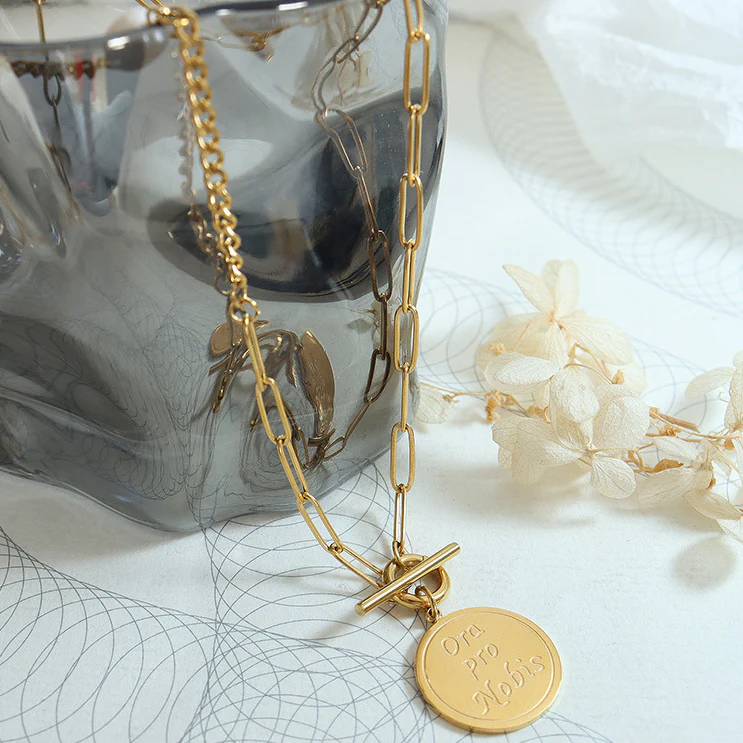 OT Clasp Vintage Coin Pendant Long Paperclip Sweater Necklace