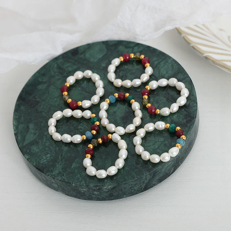 Elastic Natural Agate and Pearl Ring