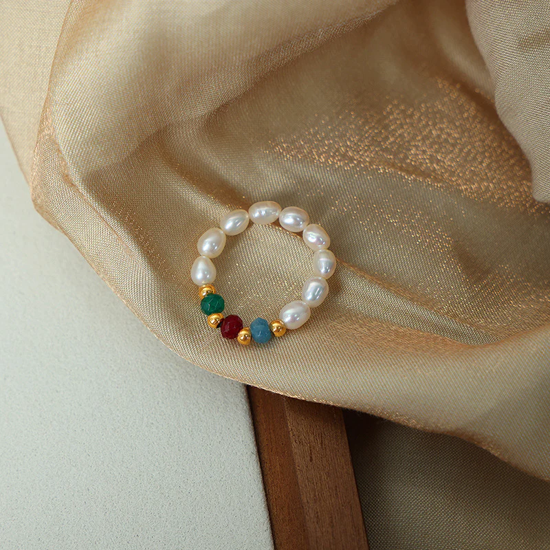 Elastic Natural Agate and Pearl Ring