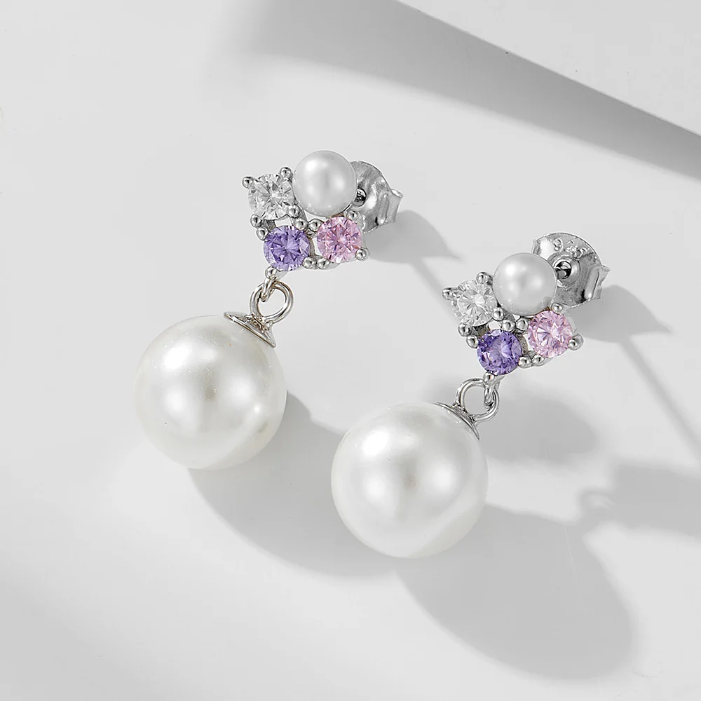 Colorful Pink Purple Zircon 10mm Pearl Earrings