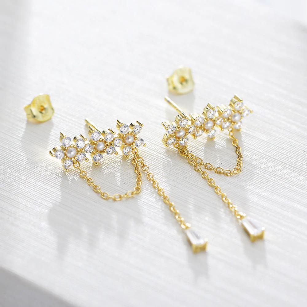 Pearl Earrings Flower Zircon Tassel