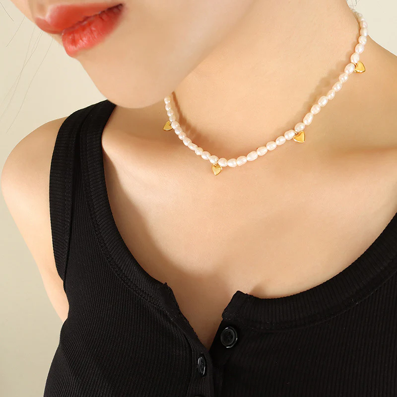 Gold Heart Charms Freshwater Pearl Necklace