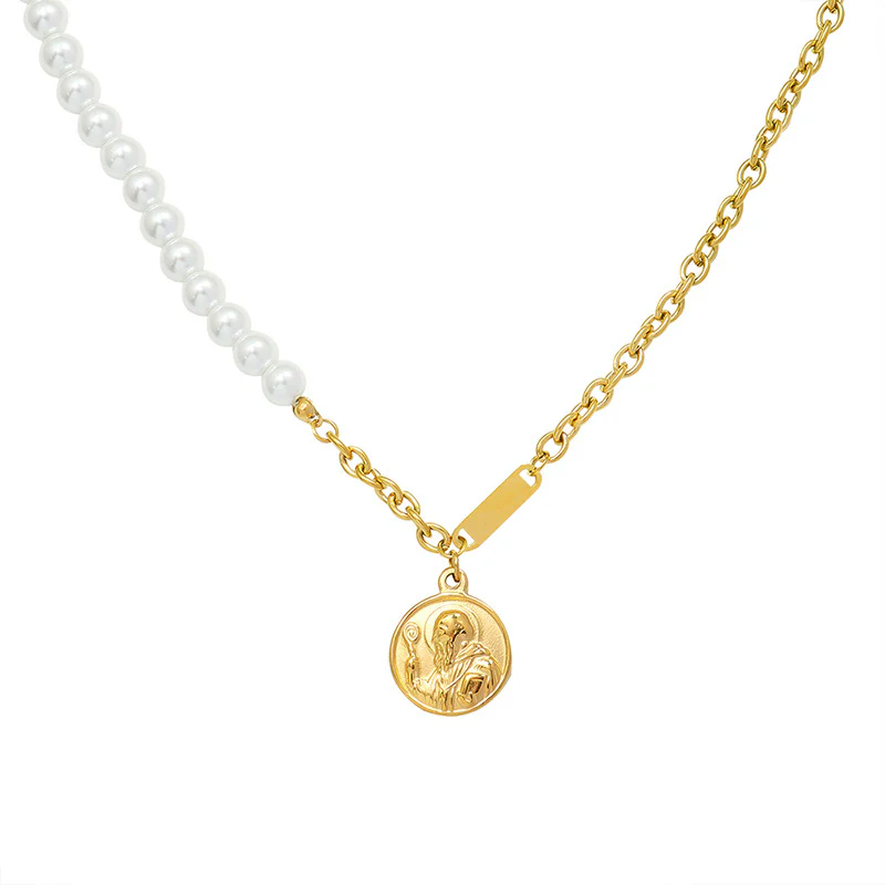 Double Sided Coin Pendant Half Pearl Half Chain Necklace