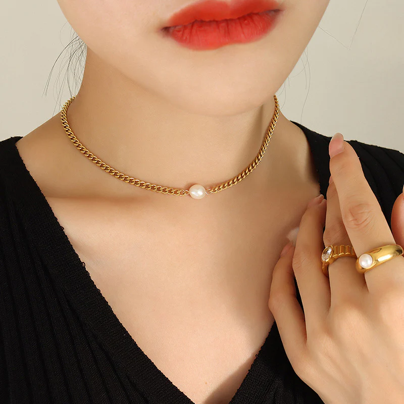 Thick Chain Necklace Choker Pearl Pendant