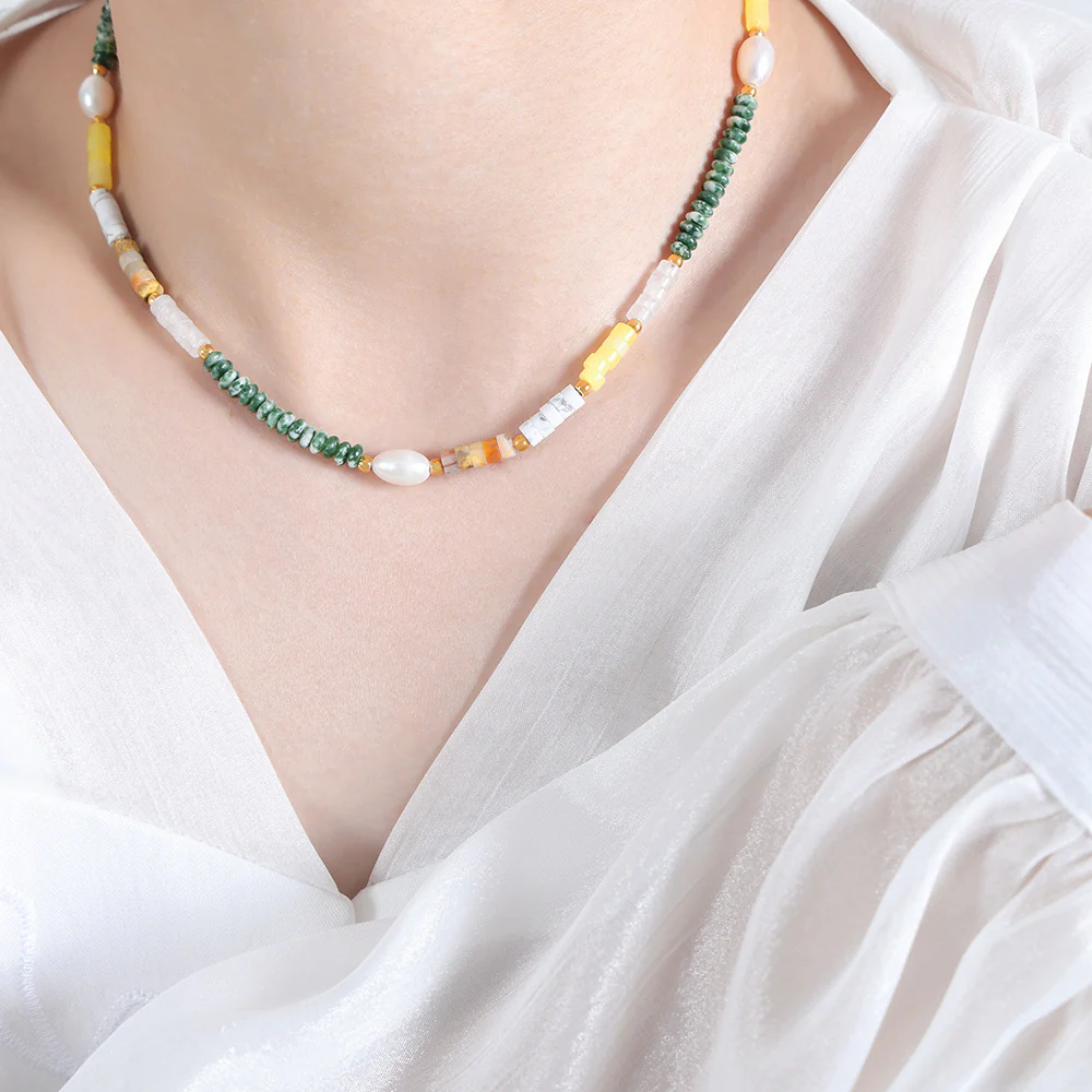 Natural Turquoise Agate White Fossil Pearl Beaded Necklaces