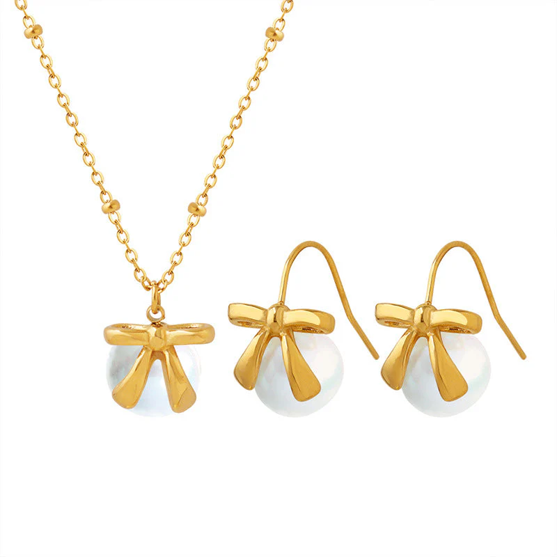 Bowknot Pearl Necklace and Earring Set