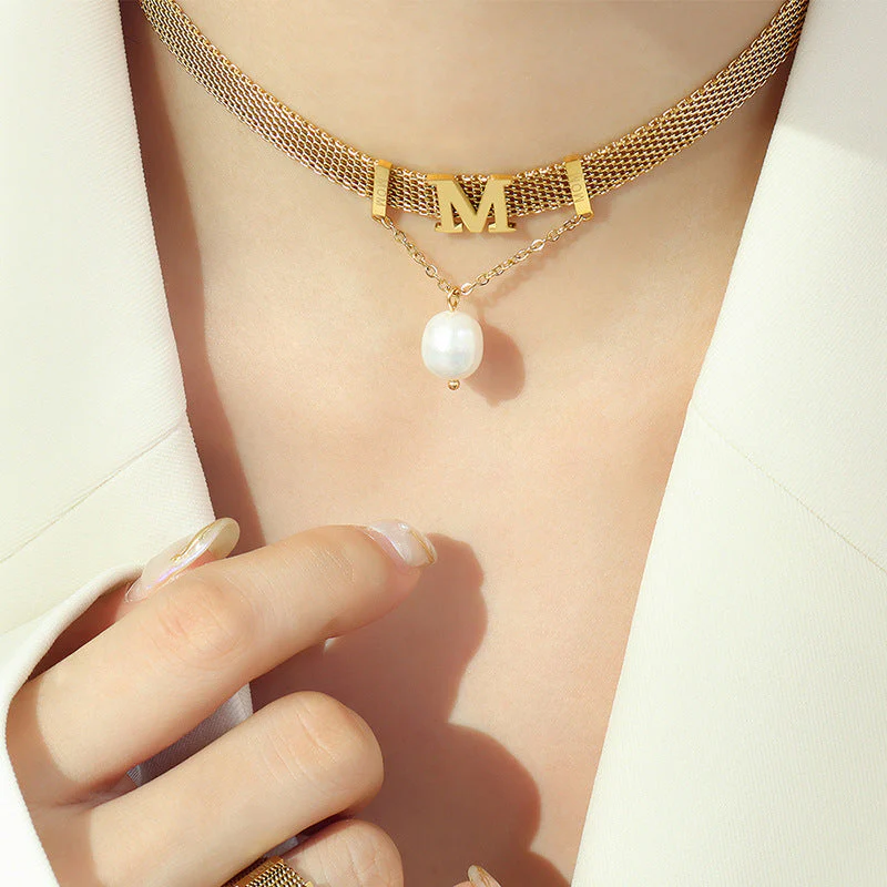 Letter M Pearl Pendant Wide Flat Necklace and Bracelet Set
