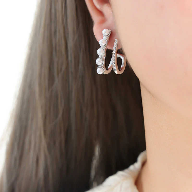 C Shape Pearl and Diamond Earrings