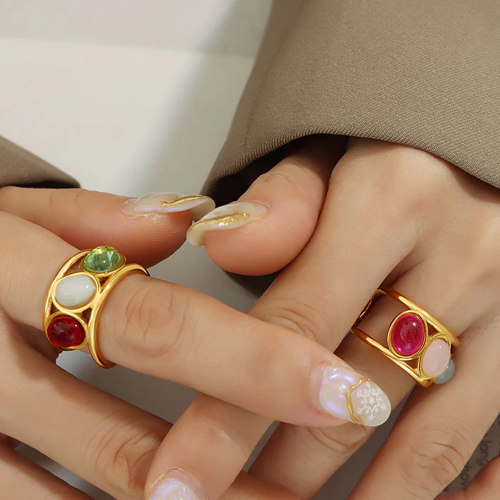 Colorful Pink Green Red Beads Gold Enhancer Ring