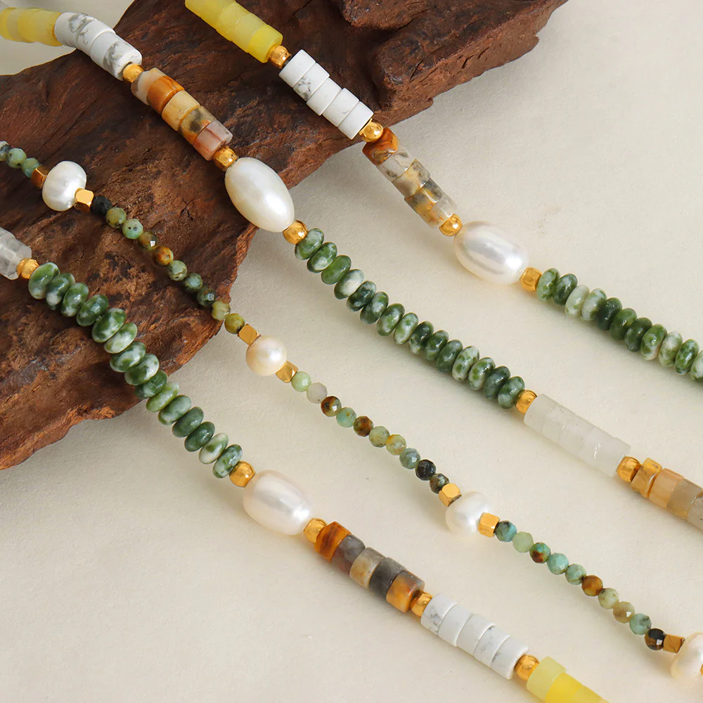 Natural Turquoise Agate White Fossil Pearl Beaded Necklaces