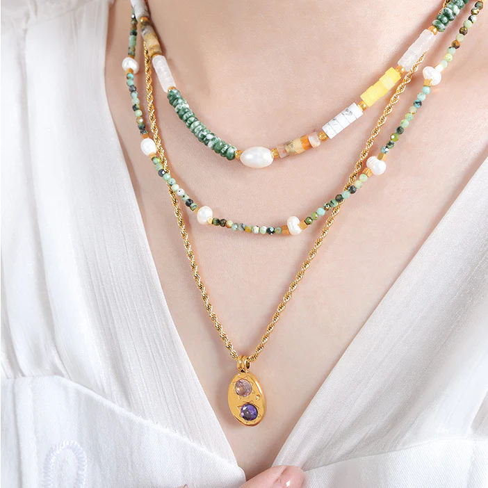 Natural Turquoise Agate White Fossil Pearl Beaded Necklaces