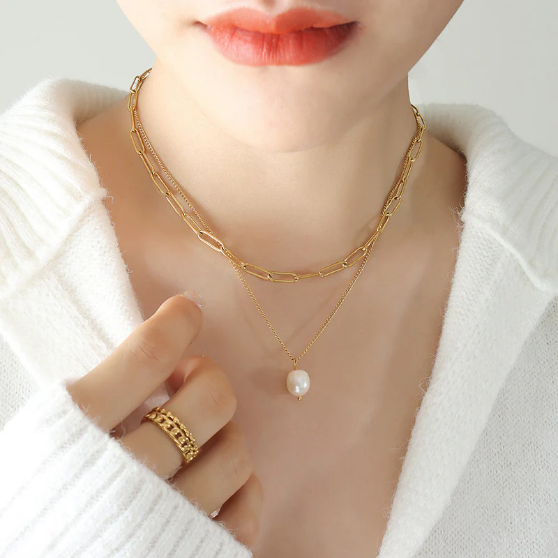 Influencer Paperclip Stacked Necklaces With Pearl Pendant