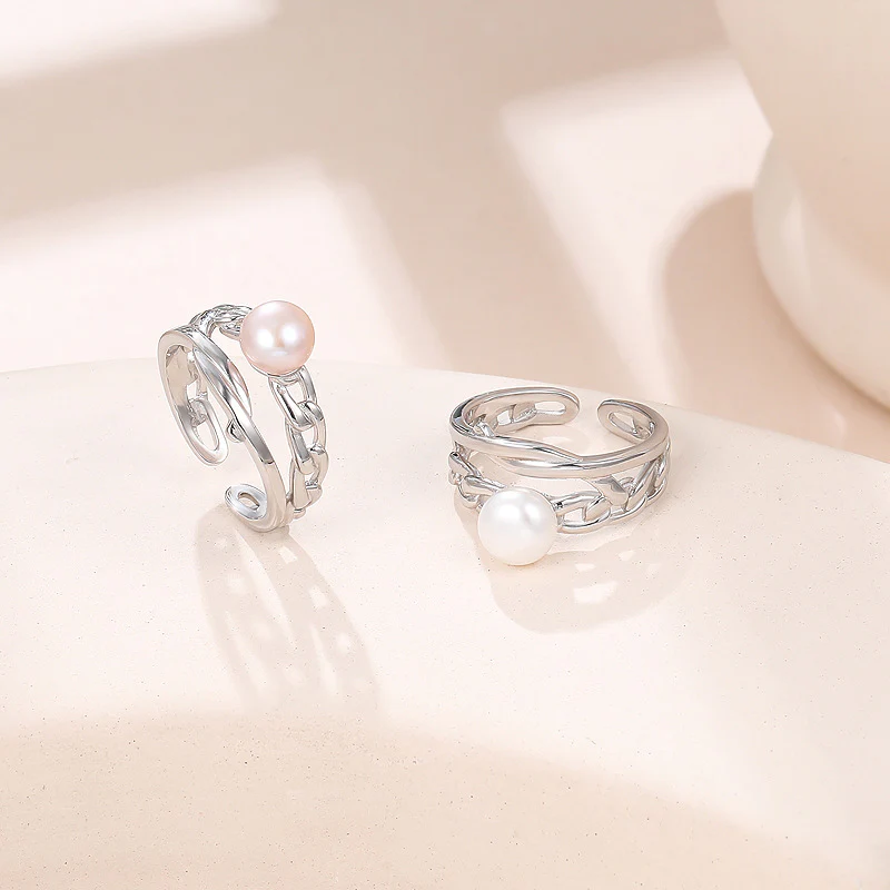 Silver Hollow Wide Band Pearl Ring