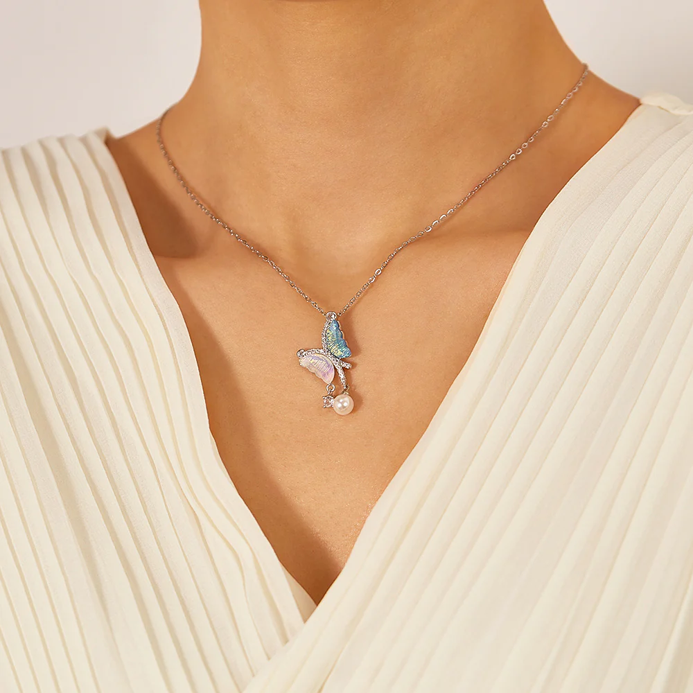 Dazzling Blue Butterfly Pearl Drop Pendant Necklace