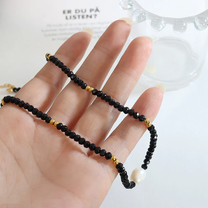 Black Glass Beads Freshwater Pearl Necklace