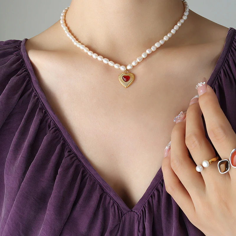 Heart Pendant Inlay Red Agate Freshwater Pearl Necklace