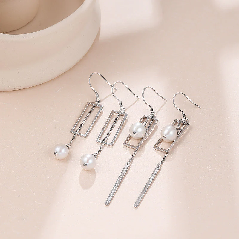 S925 Silver Geometric Tassel Pearl Dangle Earrings
