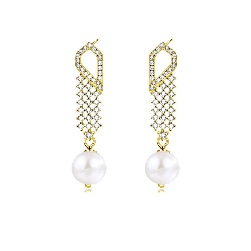 Elegant Diamond Setting Pearl Drop Earrings