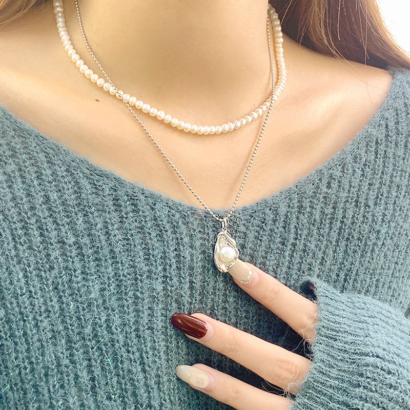 Lava Pearl Pendant Silver Bead Chain Necklace