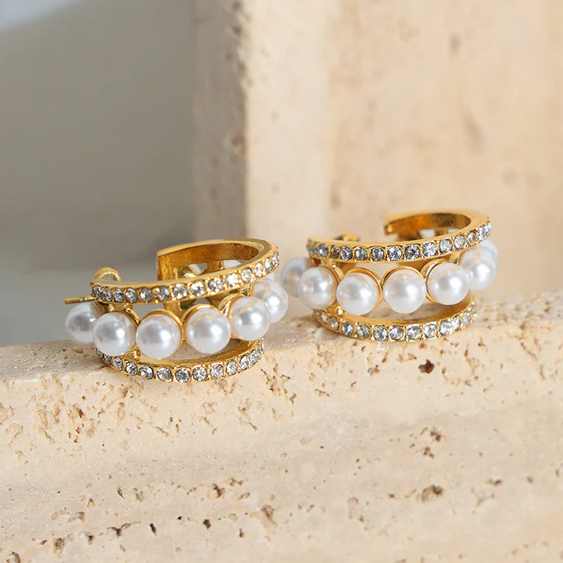 C Shape Pearl and Diamond Earrings