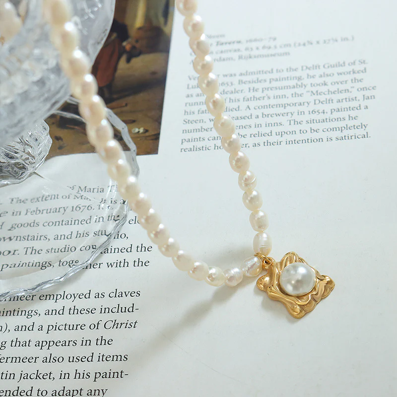 Pearl Inlay Geometric Pendant Freshwater Pearl Necklace