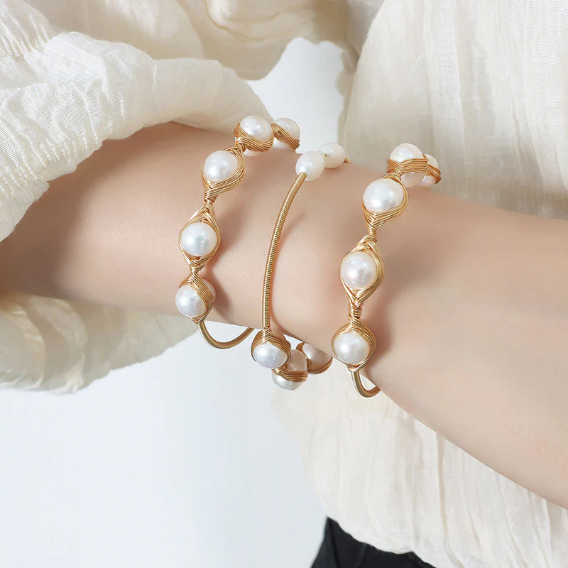 Handcrafted Brass Wrapped Freshwater Pearl Bangle Bracelet