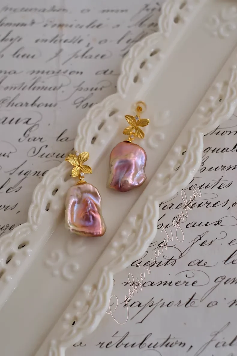【Monet Garden Collection】 Handmade Flower Baroque Pearl Drop Earrings