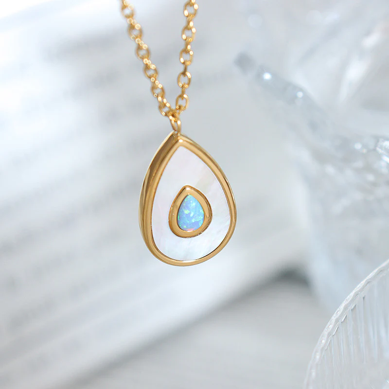 Teardrop Mother of Pearl Inlay Opal Pendant Necklace