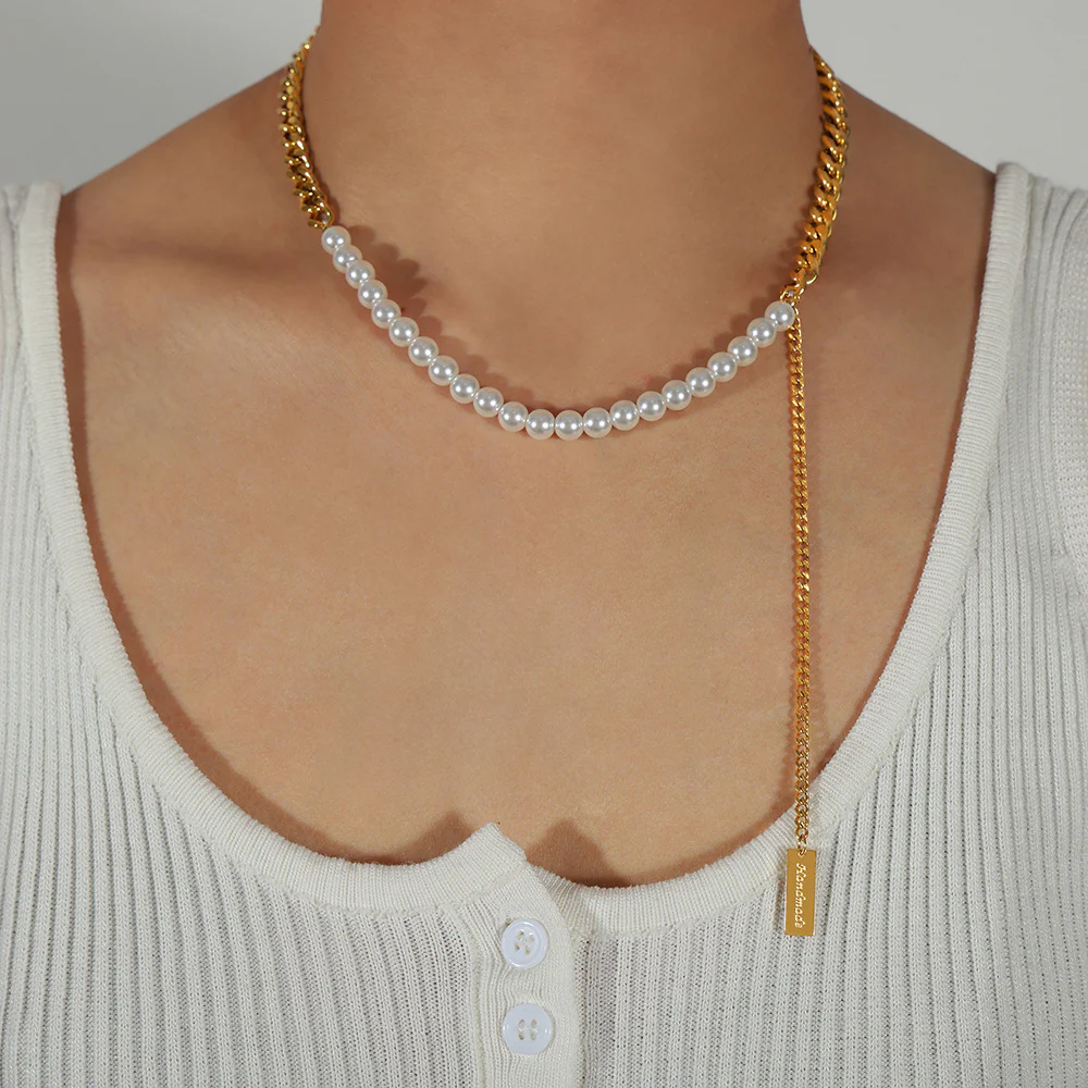 Half Gold Chain Half Pearl Necklace Extension Drop Pendant