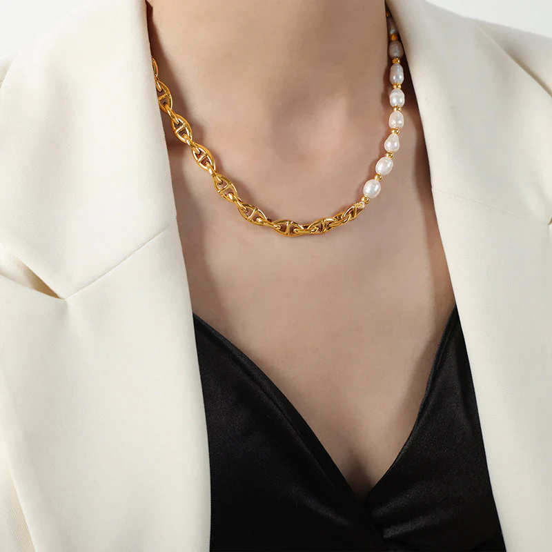 Freshwater Pearl Splicing Gold Thick Geometric Chain Necklace