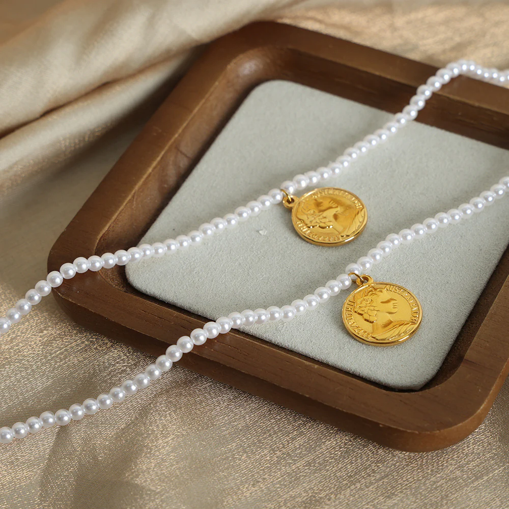 Pearl Necklace With Gold Round Portrait Pendant