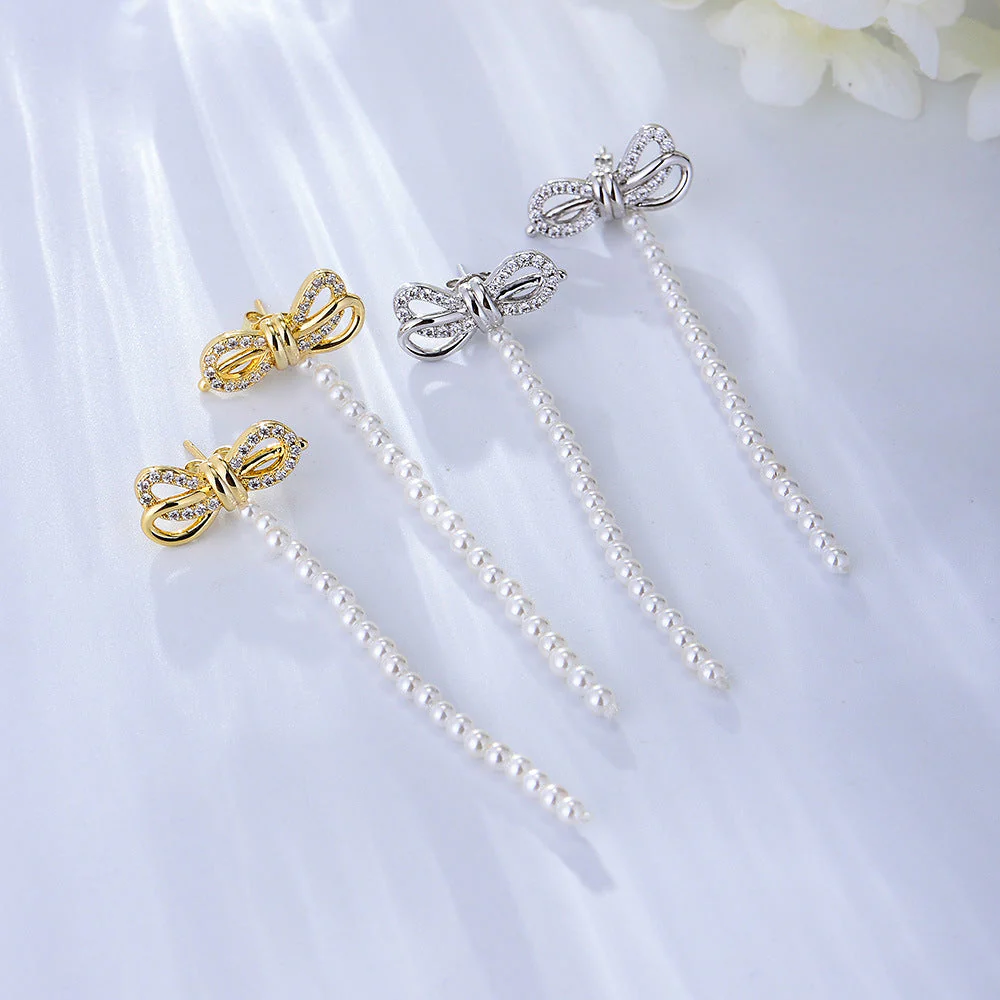 Zircon Bow And Pearl Earrings