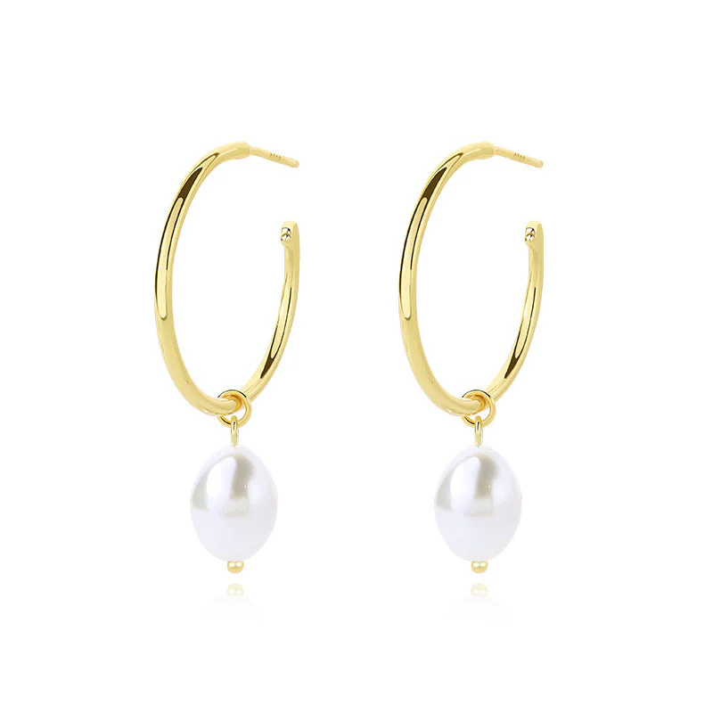 Gold Hoop Pearl Drop Earrings