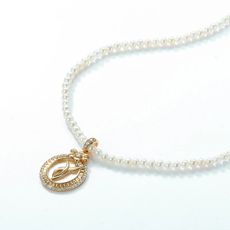 2mm Small Pearl Necklace With Round Pendant